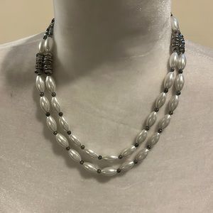 Listing #7715. New necklace and earrings. Pearl toned/black/gray beads.